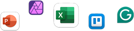 Microsoft PowerPoint、Affinity Photo 2、Microsoft Excel、Trello、Grammerlyなど、様々なアプリのアイコンが散り散りに表示されている