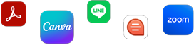 Adobe Acrobat、Canva、WhatsApp、Quip、Zoomなど、様々なアプリのアイコンが散り散りに表示されている