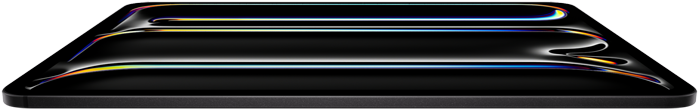iPad Proの前面の外観、カラーはスペースブラック、アルミニウムとガラスの筐体、薄いデザイン、後ろに傾いたディスプレイにカラフルな線画が表示されている