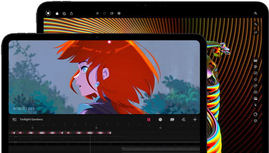 13インチiPad Proと11インチiPad Proの前面の外観、横向き、カラーはスペースブラック、丸みを帯びた四隅、ブラックのディスプレイベゼル、11インチのディスプレイには赤い髪のキャラクターのあざやかな画像が表示されている。13インチのディスプレイにはカラフルな写真編集インターフェイスの要素が表示されている