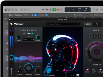 MacBook Pro上のMicDropソフトウェアでAI機能を使ってボーカル録音を編集する様子を示す画面