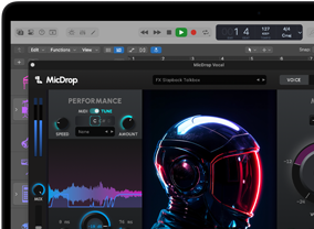 MacBook Pro上のMicDropソフトウェアでAI機能を使ってボーカル録音を編集する様子を示す画面