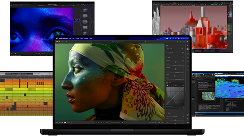 Mac上の音楽制作、ビデオ編集、3Dアニメーション、写真編集アプリによる、カラフルな画面コンテンツの様々な例。パワフルなグラフィックス性能を示している