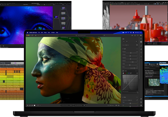 Mac上の音楽制作、ビデオ編集、3Dアニメーション、写真編集アプリによる、カラフルな画面コンテンツの様々な例。パワフルなグラフィックス性能を示している