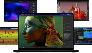 Mac上の音楽制作、ビデオ編集、3Dアニメーション、写真編集アプリによる、カラフルな画面コンテンツの様々な例。パワフルなグラフィックス性能を示している