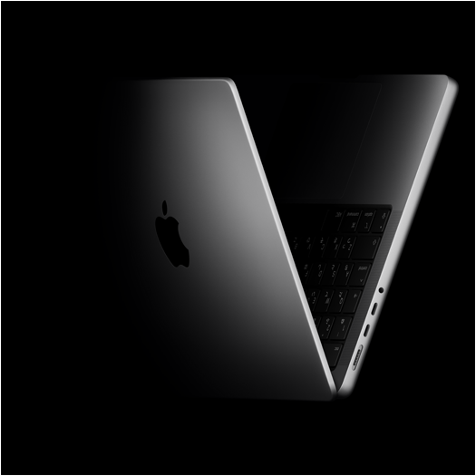 V字型に配置されたMacBook Pro。M5チップを表現している