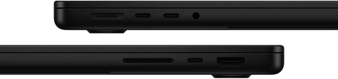 MacBook Proのポート。左側面にMagSafe 3、2つのThunderboltポート、ヘッドフォンジャック。右側面にSDXCカードスロット、1つのThunderboltポート、HDMI