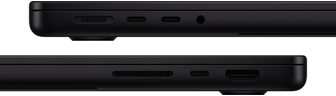 MacBook Proのポート。左側面にMagSafe 3、2つのThunderboltポート、ヘッドフォンジャック。右側面にSDXCカードスロット、1つのThunderboltポート、HDMI