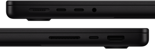 MacBook Proのポート。左側面にMagSafe 3、2つのThunderboltポート、ヘッドフォンジャック。右側面にSDXCカードスロット、1つのThunderboltポート、HDMI