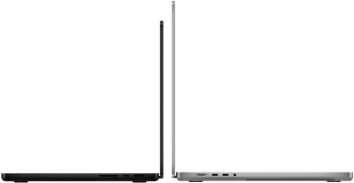 背中合わせに置かれた14インチMacBook Proと16インチMacBook Pro。サイズの違いがわかり、スリムなデザインが強調されている