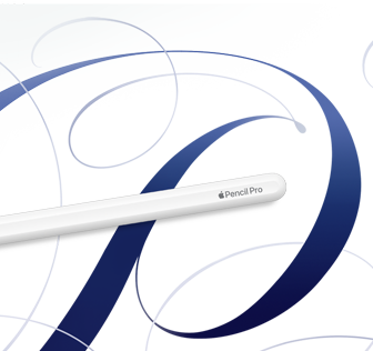 ホワイトのApple Pencil Pro。青い渦巻き模様が入った白い背景の上に表示されている