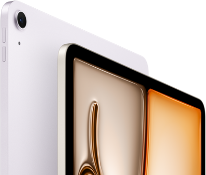 パープルのiPad Airの前面と背面の外観。背面の左上角に12MP広角バックカメラがある