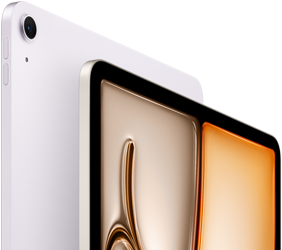 パープルのiPad Airの前面と背面の外観。背面の左上角に12MP広角バックカメラがある