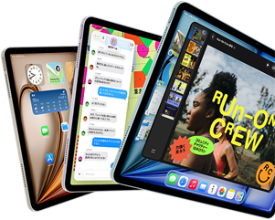 3台のiPad Airのディスプレイが扇状に配置されている。カラーはブルー、パープル、スターライト。前面と側面の外観。Keynoteアプリ、メッセージアプリなどのアプリを表示した画面とホーム画面が見えている