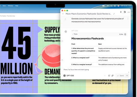 MacBook Airの画面。Apple Intelligenceの作文ツールを使って、ミクロ経済学とマクロ経済学に関するフラッシュカードを作成している