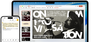 iPhone 16 Plusでメモアプリ内のテキストがハイライトされており、MacBook AirでKeynoteのスライドが開かれている。メモアプリ上のテキストがスライドに表示されている