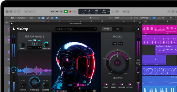 MacBook Pro上のMicDropソフトウェアでAI機能を使ってボーカル録音を編集する様子を示す画面