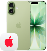 iPhone 17の背面の外観、カラーはセージ、Dual Fusionカメラシステムが見えている。iPhone 17の前面の外観、Dynamic Island、細いブラックのディスプレイの縁が見えている。左下にAppleCare+のロゴ