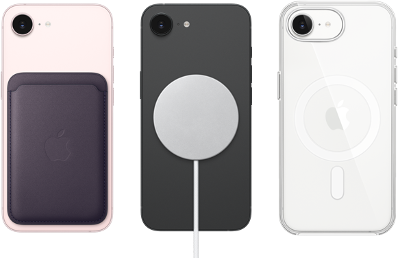 ソフトピンクのiPhone 17eの背面の外観。MagSafe対応ファインウーブンウォレットが取りつけられている。ブラックのiPhone 17eの背面の外観。MagSafe充電器が取りつけられている。ホワイトのiPhone 17eの背面の外観。MagSafe対応クリアケースが取りつけられている