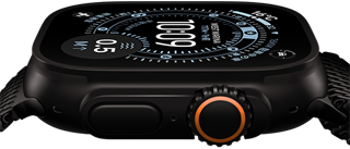 Apple Watch Ultra 3の側面の外観、ブラックチタニウムケース、オリエンテーリングの文字盤のコンパス、サイドボタン、Digital Crown
