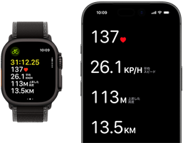 Apple Watch Ultra 3とiPhone上に表示された現在進行中のワークアウトの測定値