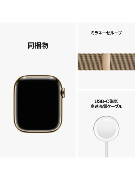 Apple Watch Series 8（GPS + Cellularモデル）ステンレススチールケースとミラネーゼループ 詳細画像 ゴールド 3